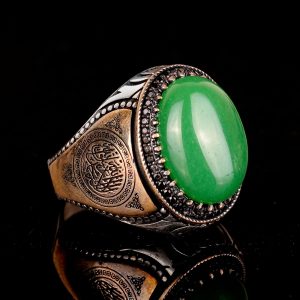 El Yapımı 925 Ayar Gümüş Erkek Yüzük Doğal Yeşil Jade Taşı - İslami Tasarım - Görsel 5