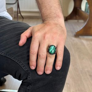 Solomon Mühür Yüzüğü, Doğal Malakit Taş Yüzüğü - Canlı 925 Ayar Sert Gümüş Erkek Yüzüğü - Görsel 3