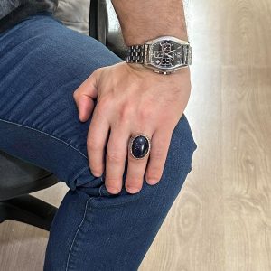 Yapay Taş Yüzük, 925 Ayar Gümüş Erkek Yüzüğü, Büyük Yüzük (Mavi Güneş Taşı Yapay Taş) - Görsel 2
