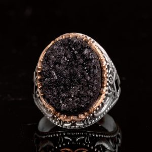 Vintage Erkek 925 Ayar Gümüş Yüzük Druzy Kuvars: Yeşil, Kırmızı, Lacivert, Bej, Siyah (Siyah) - Görsel 2