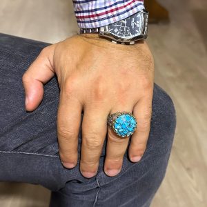 Gerçek Doğal Turkuaz Taşlı Gümüş Erkek Yüzük - Vintage Tasarım - Görsel 3