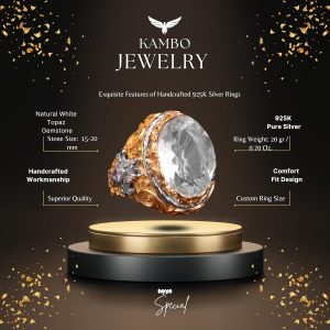 925 Ayar Gümüş Erkek Yüzük, Beyaz Topaz Yapay Taş - Görsel 2