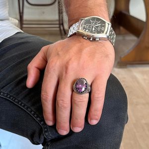 925 Ayar Gümüş Yüzük, Yapay Taş Yüzük, Kartal Sembolü Yüzük, El Yapımı Yüzük (Yapay Ametist) - Görsel 3