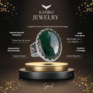925 Ayar Gümüş Erkek Yüzük, Gerçek Doğal Zümrüt Taşlı Yüzük - Görsel 2