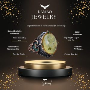 925 Ayar Gümüş Erkek Yüzük, Doğal Prehnit Taşı ile, Osmanlı Tarzı Yüzük, Yeşil Prehnit Taş - Görsel 2