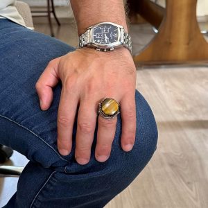 Gerçek Doğal Taş Yüzük - Sekizgen Tasarım - El Yapımı 925 Ayar Gümüş Takı (Kaplan Göz) - Görsel 3