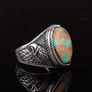 Gerçek Doğal Taş Erkek Yüzük, Kartal Yüzük, 925 Ayar Gümüş Yüzük (Turkuaz) - Görsel 5