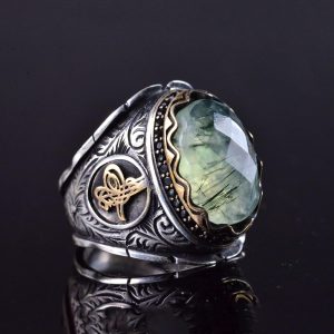 Gerçek Prehnit Taşlı Yüzük, El Yapımı Osmanlı Tasarımı 925 Ayar Gümüş Erkek Yüzüğü - Görsel 3
