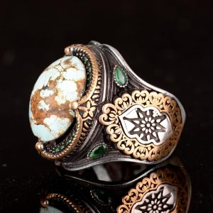 925 Doğal Arizona Turkuaz Taş Yüzük, Oval Sterlin Gümüş Yüzük Erkekler için (Stil-1) - Görsel 5