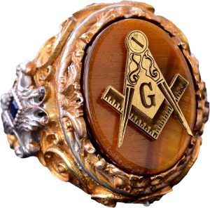 Mason Yüzüğü - Usta Mason Sterling Gümüş Yüzük, Kaplan Gözü Taşı, Altın Kaplama - Görsel 1