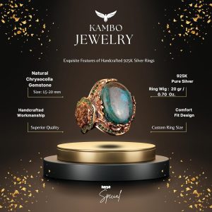 925 Ayar Gümüş Yüzük, Gerçek Doğal Krysokolla Taşlı Yüzük, El Yapımı Yüzük - Görsel 2