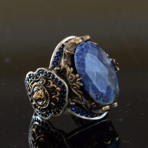 925 Ayar Gümüş Erkek Yüzük, Doğal Sodalit Taşı ve Aslan Tasarımı ile - Görsel 4