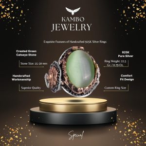 925 Ayar Gümüş Erkek Yüzük - Açık Yeşil Kedi Gözünden Üretilmiş Taş - Aslan Sembolü El Yapımı Yüzük - Görsel 2