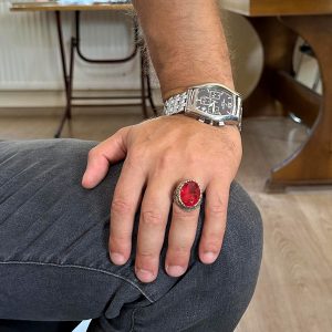Yapay Taş Yüzük - El Yapımı Erkek Yüzüğü - Zarif 925 Ayar Gümüş Erkek Takısı (Yapılmış Kırmızı Paraiba) - Görsel 3