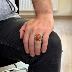 Doğal Kırmızı Kan Taşı Yüzük, Hayvan Gümüş Yüzük - 925 Ayar Sert Gümüş Yüzük Erkekler İçin - Görsel 3