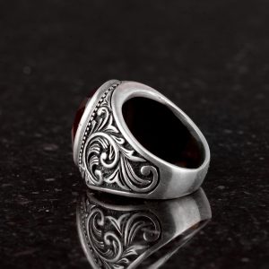 Gerçek Doğal Granat Taşı Yüzük, 925 Ayar Sterlin Gümüş Yüzük, Erkekler İçin Doğum Taşı Yüzüğü - Görsel 6