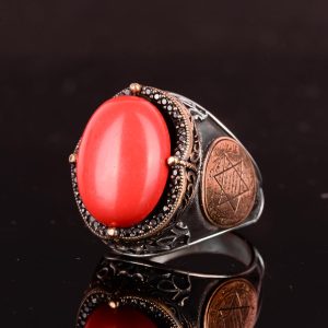 David Yıldızı Yüzük, Yapay Taş Yüzük, 925 Ayar Gümüş Süleyman Yüzüğü (Kırmızı Mercan Yapay) - Görsel 6