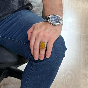 925 Ayar Sert Gümüş Yüzük, Doğal Taş Yüzük, Büyük Yüzük, Tasarım Gümüş Erkek Yüzüğü (Sarı Ağaç) - Görsel 3