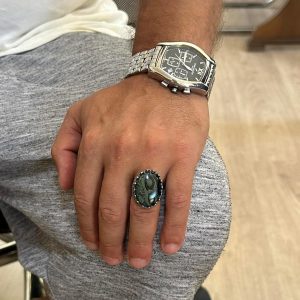 Gerçek Doğal Taş Yüzük - Gül Desenli Yüzük - 925 Ayar Gümüş Yüzük - El Yapımı Büyük Yüzük (Yeşil Göz) - Görsel 3