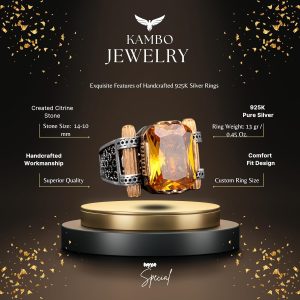 Erkekler için 925 Ayar Gümüş El Yapımı Yüzük, Doğal Olmayan Sitrin Taşı Yüzük - Görsel 2
