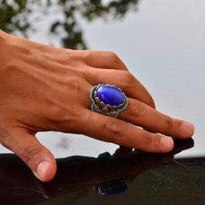 El Yapımı Mavi Kedi Gözü Yüzük Turkuaz Yapay Taş  ile - 925 Ayar Gümüş Erkek Takısı - Görsel 6