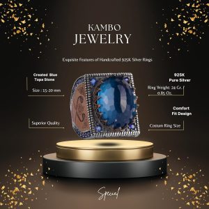 925 Ayar Gümüş İslami Yüzük, Yapay Taş Yüzük, El Yapımı Hat Yazılı Yüzük (Yapay Mavi Topaz) - Görsel 2