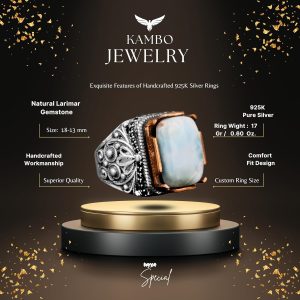 Sterling Gümüş Erkek Yüzük, Gerçek Doğal Larimar Taşı Yüzük - Görsel 2