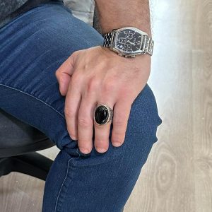 925K Katı Sterlin Gümüş Erkek Yüzük, Doğal Oniks Taşlı Yüzük - Görsel 3