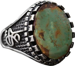 Gerçek Arizona Turkuaz Taş Yüzük, Ali Yazılı Yüzük, Müslüman Yüzük, 925 Ayar Gümüş Yüzük - Görsel 1