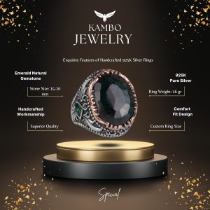 925 Ayar Gümüş Erkek Yüzük, Gerçek Doğal Zümrüt Taşlı Yüzük Erkekler İçin - Görsel 2