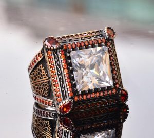 Sert Gümüş Erkek Yüzük - Yapay Kristal Taş - Vintage Tasarım - Görsel 3