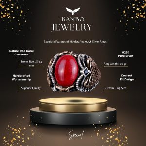 Gerçek Doğal Mercan Taşı Yüzük, 925 Ayar Gümüş Yüzük Erkekler için, Oval Kırmızı Mercan Yüzük - Görsel 6
