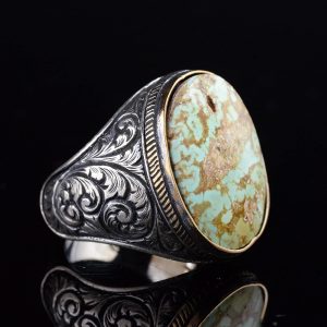 Doğal Turkuaz Taş Yüzük - Büyük Erkek Yüzüğü - 925 Ayar Gümüş Yüzük - Görsel 4