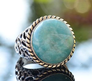 Doğal Amazonit Yuvarlak Taş Yüzük, Gümüş Erkek Yüzüğü - Görsel 3