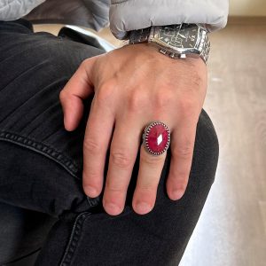 Gerçek Doğal Yakut Taşlı Yüzük - Osmanlı Tuğra Deseni - 925 Ayar Sert Gümüş Yüzük - Görsel 3