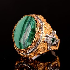 Doğal Malakit Taşı, 925 Ayar Gümüş Erkek Yüzük - Görsel 5