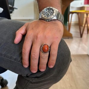 Gerçek Doğal Taş El Yapımı Yüzük - 925 Ayar Gümüş El Yapımı Yüzük - Şık Yüzük (Kırmızı kan taşı) - Görsel 3