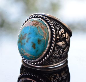 Gerçek Doğal Mavi Jasper Taşı Büyük Zambak Desenli Sterlin Gümüş Erkek Yüzüğü - Cesur ve Şık - Görsel 3