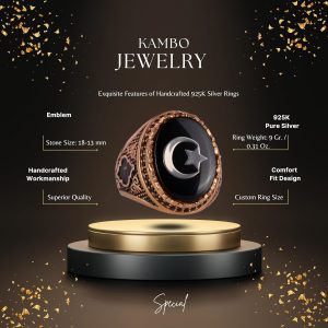 925 Ayar Gümüş Altın Kaplama Erkek Yüzük - Hilal ve Yıldız Tasarımı (Siyah) - Görsel 2