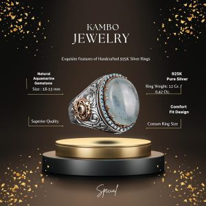 925 Ayar Gümüş Doğal Akuamarin Taşlı Erkek Yüzük - El Yapımı Kral Takı - Görsel 2