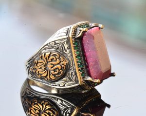 Gerçek Doğal Yakut Taşlı Yüzük, 15.50 Karat, 925 Ayar Gümüş Yüzük, Ham Taş, Bizans Yüzüğü Kırmızı - Görsel 4