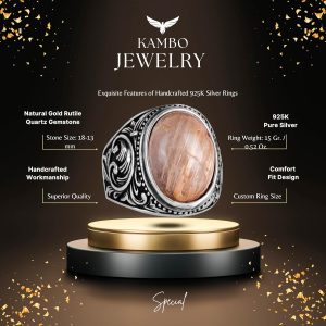 925 Ayar Katı Gümüş Erkek Yüzük, Gerçek Doğal Cabochon Altın Rutilat Kuvars Taşı Yüzük, Tasarım Gümüş Erkek Yüzük - Görsel 2