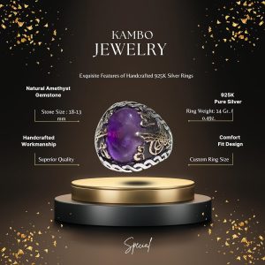 925 Ayar Gümüş Erkek Yüzük - Doğal Ametist Taşı - Osmanlı Tuğrası Tasarımı - Şık El Yapımı Takı - Görsel 2