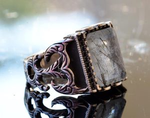 Gerçek Rutilat Kuvars Dikdörtgen Taş Yüzük, Gümüş Erkek Yüzüğü - Görsel 4