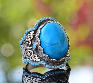 Turkuaz Yüzük Erkekler için, Gümüş Turkuaz Yüzük, 925 Ayar Gümüş Erkek Yüzük, Büyük Yüzük - Görsel 3