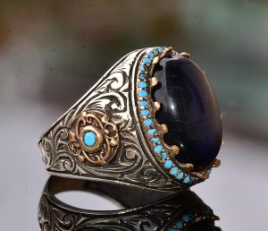 Kral Yüzük - Yapay Mavi Kaplan Göz Taşı, 925 Ayar Gümüş Unisex Yüzük - Görsel 4