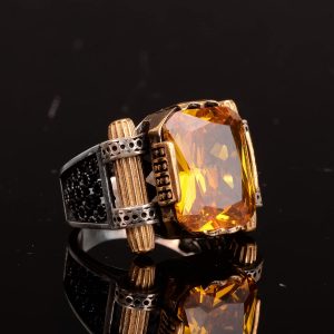 Erkekler için 925 Ayar Gümüş El Yapımı Yüzük, Doğal Olmayan Sitrin Taşı Yüzük - Görsel 3