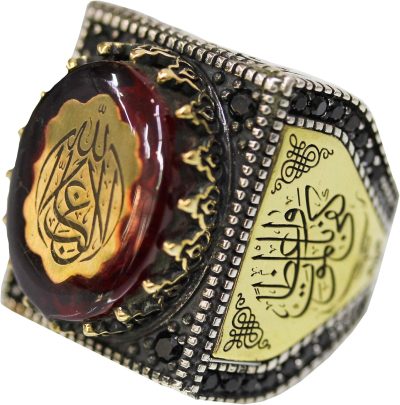 Erkek sterling gümüş yüzük, cami işlemeli yüzük, amber taşlı, İslami yüzük