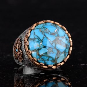 Gerçek Doğal Turkuaz Taşlı Gümüş Erkek Yüzük - Vintage Tasarım - Görsel 5
