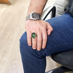 Yeşil Yapay Taş Yüzük, 925 Ayar Gümüş Tasarım Yüzük, Gümüş Erkek Yüzüğü - Görsel 3